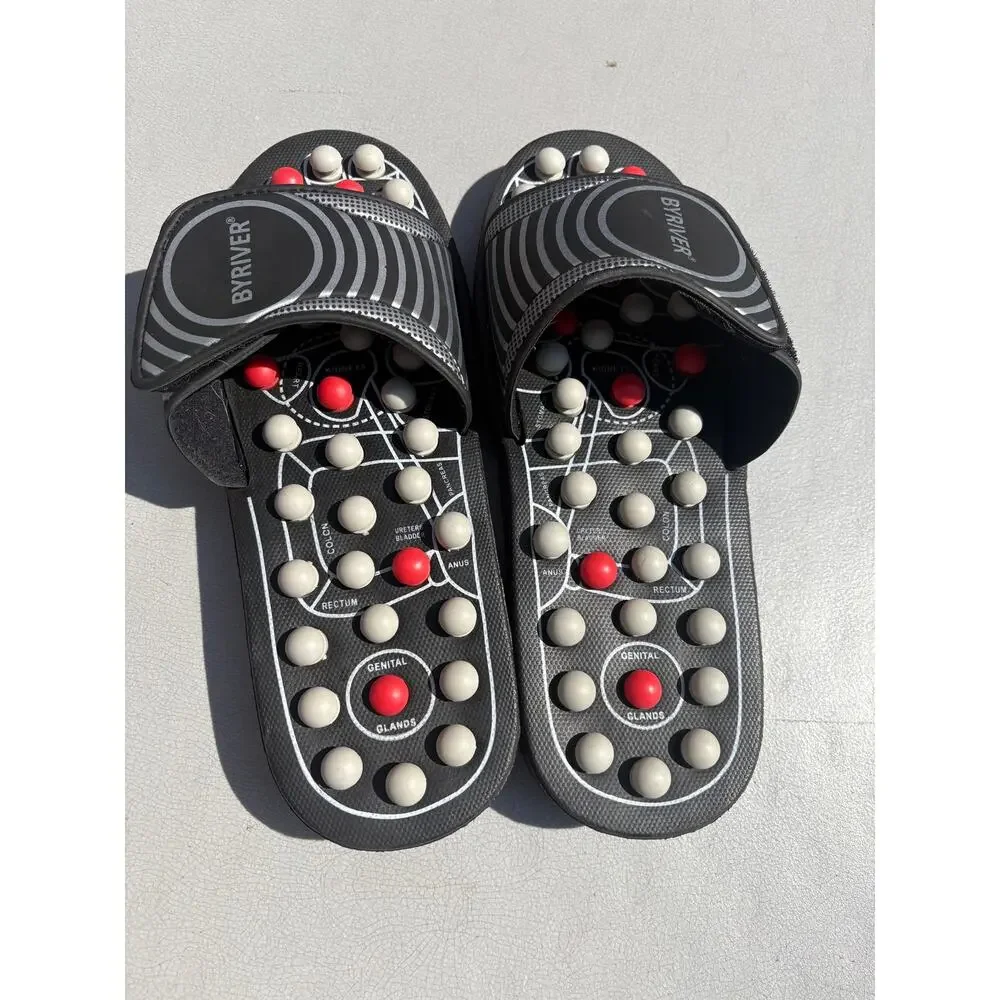BYRIVER Acupressure Foot Massage Slippers Size Large. Black Sandals Reflexology